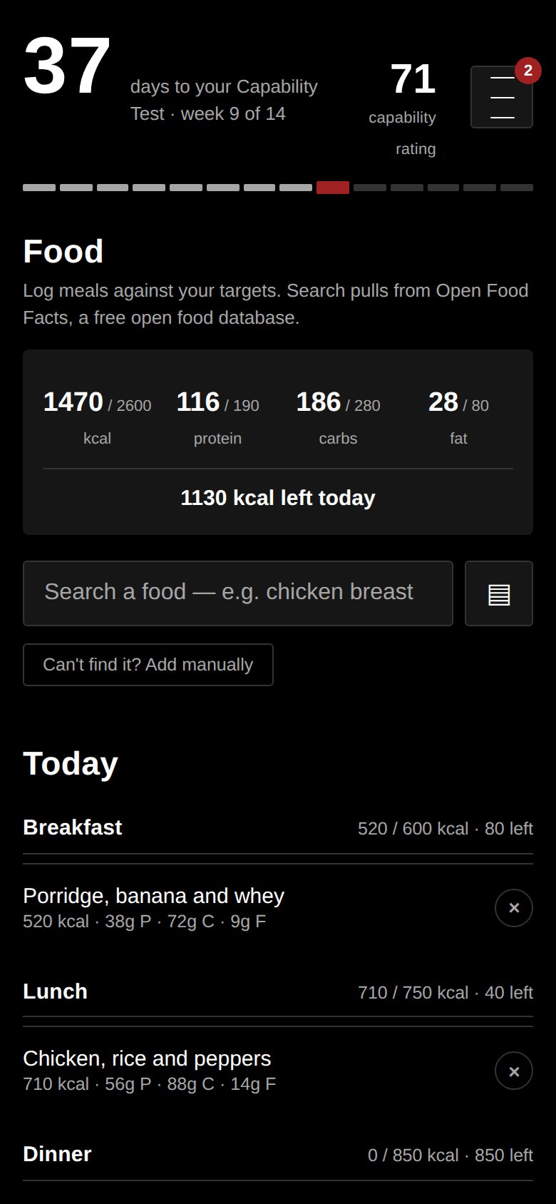 Food log showing calories and protein against the day’s targets